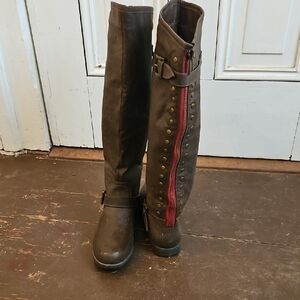 Journee Collection Brown Over the Knee Boots with Red Zipper